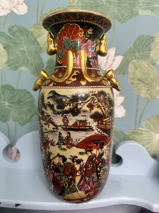 Other - Decorative Hand-Painted Asian Porcelain Vase in Red, Gold, Cream